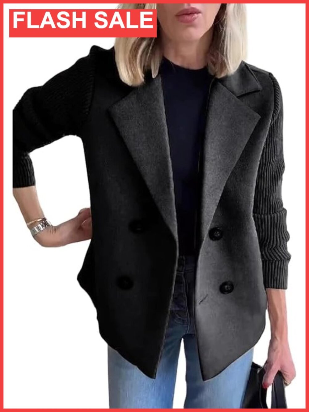 Cropped Wool Blend Coat Double Breasted Notch Lapel Pea Coat